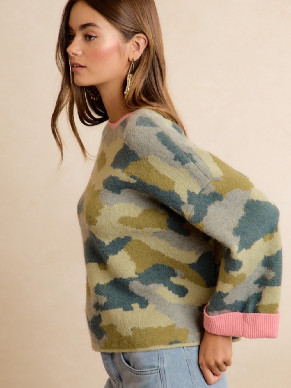 BiBi Camo Pink Trim Sweater - Picture 4 of 7